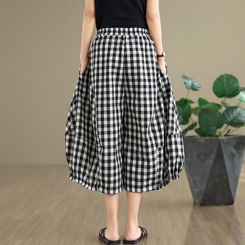 Винтажные клетчатые брюки больших размеров с высокой талией, повседневные, свободные, летние, с широкими штанинами, крест-накрест, женские