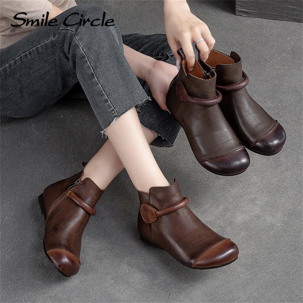 Женские ботинки из натуральной кожи, ботильоны с круглым носком и боковой молнией, модные удобные туфли на плоской подошве