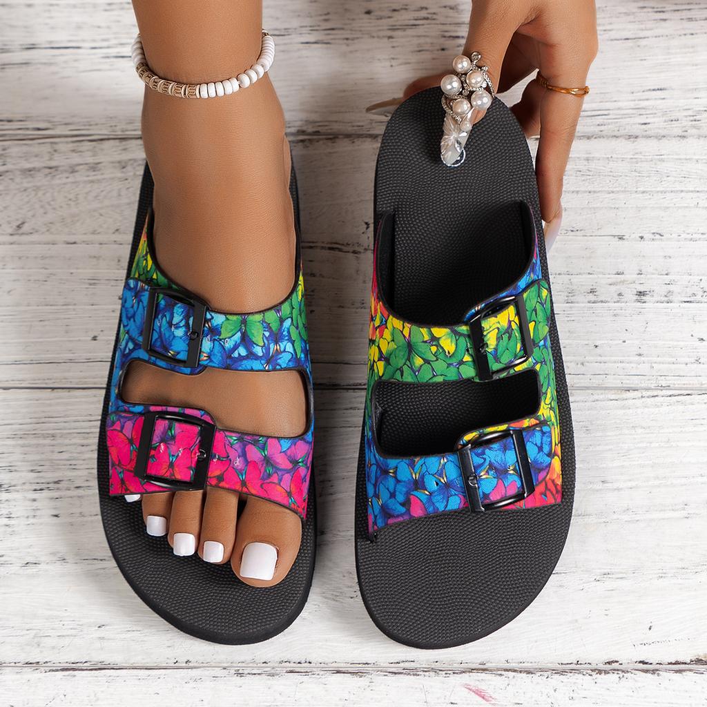 Buckle Belt Flat Slippers 2024 Summer New Multicolour Round Toe Open Toe Slipper Fashion Romen Flat Sandals Shoe for Women