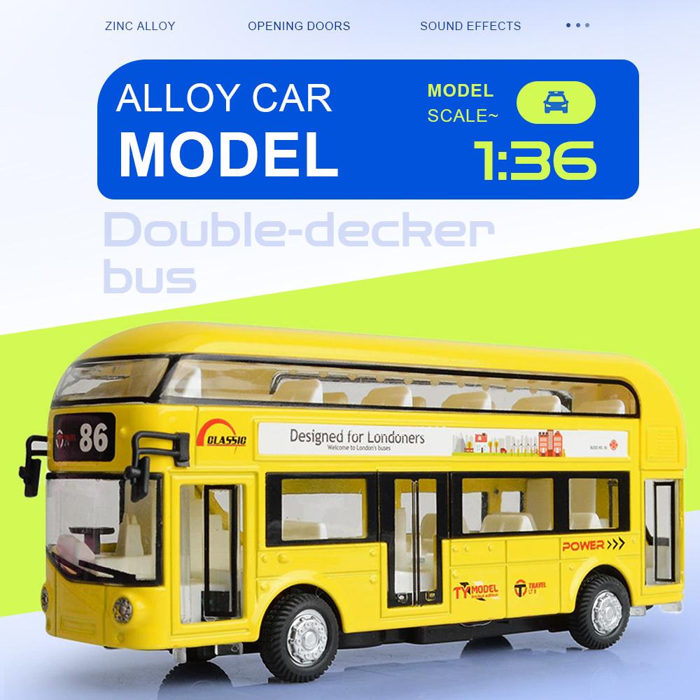 ABAO1 1:36 Double-decker Bus Car Model Toy Doors Opened Pull Back Miniature Models Sound Light Rubber Tires Vehicle Home Decorations