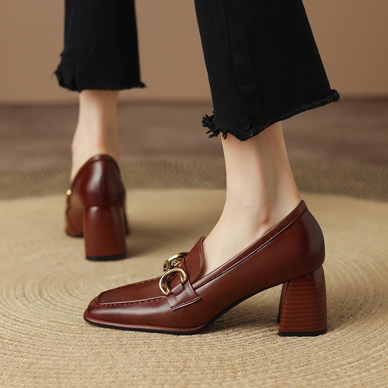 2024 Spring New Genuine Leather Women Shoes Leisure Women Slip-On Shallow Pumps Square Toe Heels Shoes Women Zapatos De Mujer
