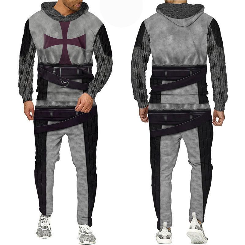 Новейшая толстовка с 3D принтом рыцарей тамплиеров/набор в стиле Харадзюку, уличная одежда в стиле хип-хоп, костюм, крутые мужские толстовки + брюки, спортивный костюм, комплект