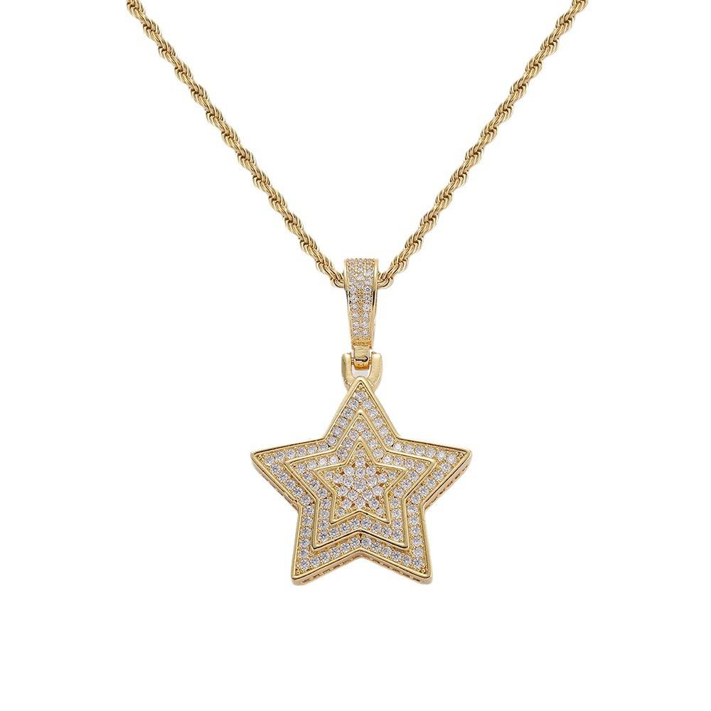 European and American Hip-hop Necklace, Three-layer Five-pointed Star Copper Inlaid Zircon Couple Pendant Neck Chain, Hipster Street Pendant.