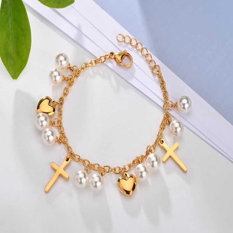 Bracelet Stainless Steel Name Custom Engrave Cross Personalized Heart Letter Bracelet O-Chain Pearl Fashion Gift for Women Girl