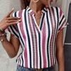 Женская летняя рубашка с коротким рукавом и воротником-стойкой в ​​полоску, модный пуловер, блузка, топ