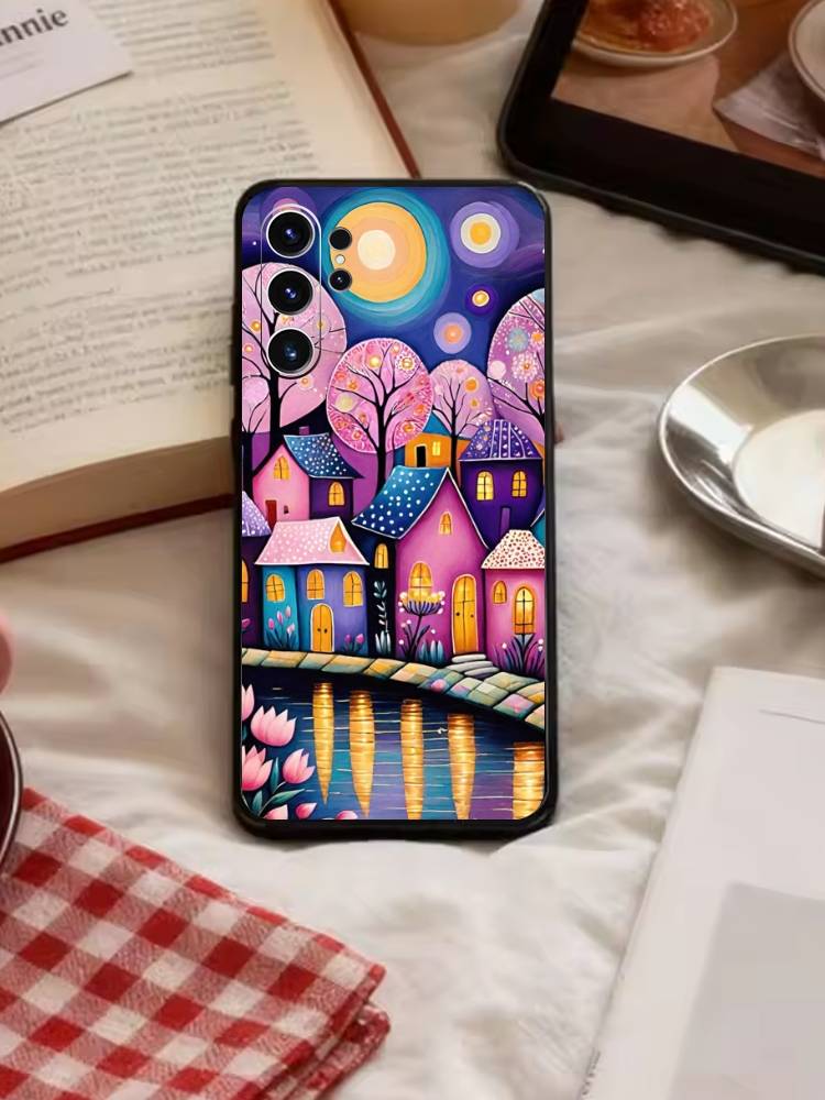 Whimsical landscape Starry Night Phone Case For Samsung S26,S25,S24,S23,S22,S21,S20,Ultra,Plus,FE Black Soft Cover