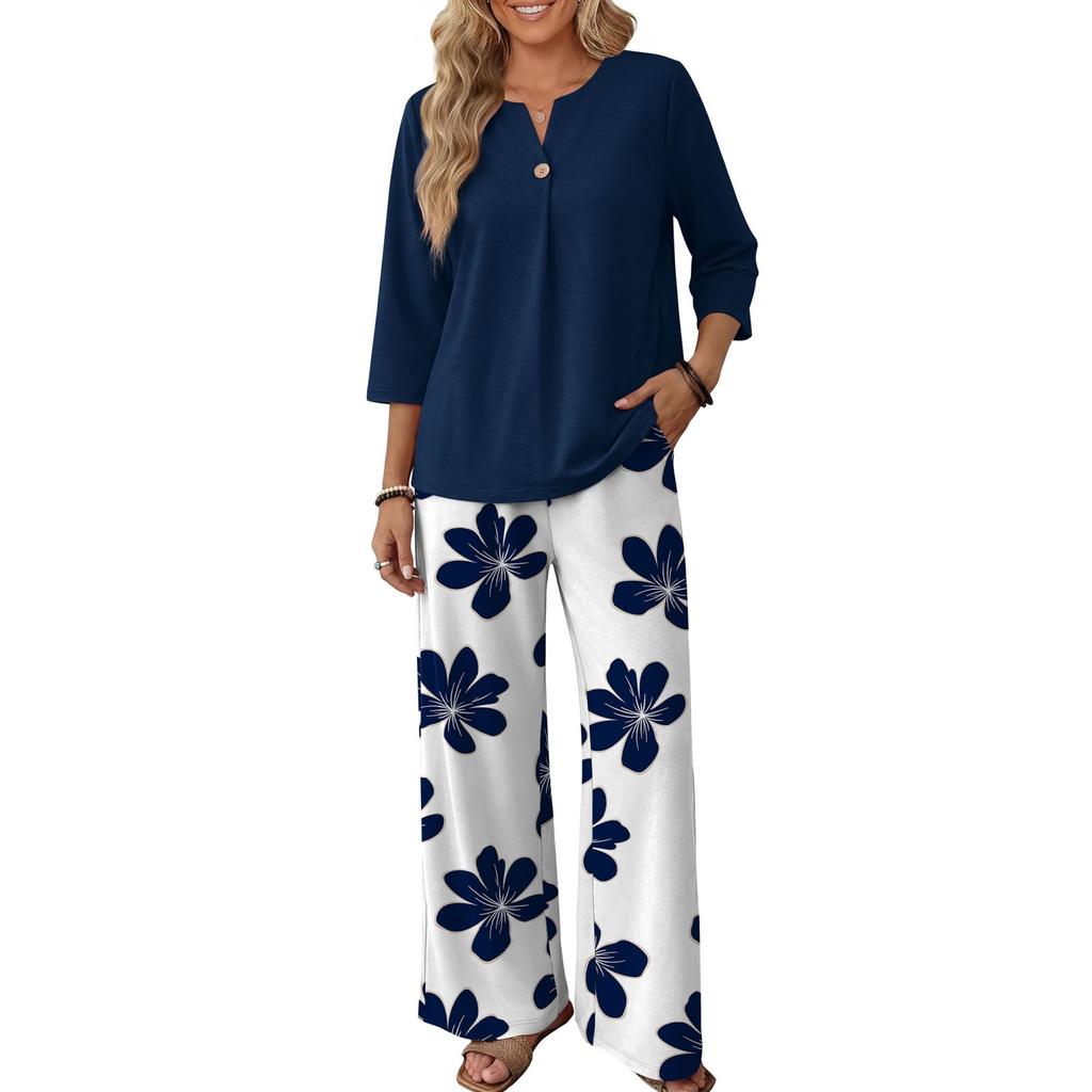 Женский повседневный костюм из 2 предметов: топ с пуговицами и рукавом три четверти с принтом и широкие брюки