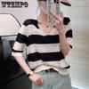 Women's Knitted T-shirt V-neck Hollow Stripe Summer Thin Ice Silk Short Sleeve Top