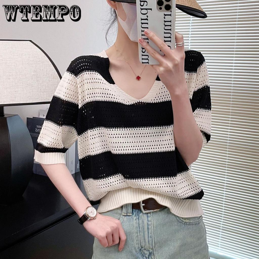 Women's Knitted T-shirt V-neck Hollow Stripe Summer Thin Ice Silk Short Sleeve Top