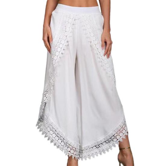 Широкие брюки с высокой талией девятой длины, однотонные женские повседневные брюки с кружевной отделкой, женская одежда