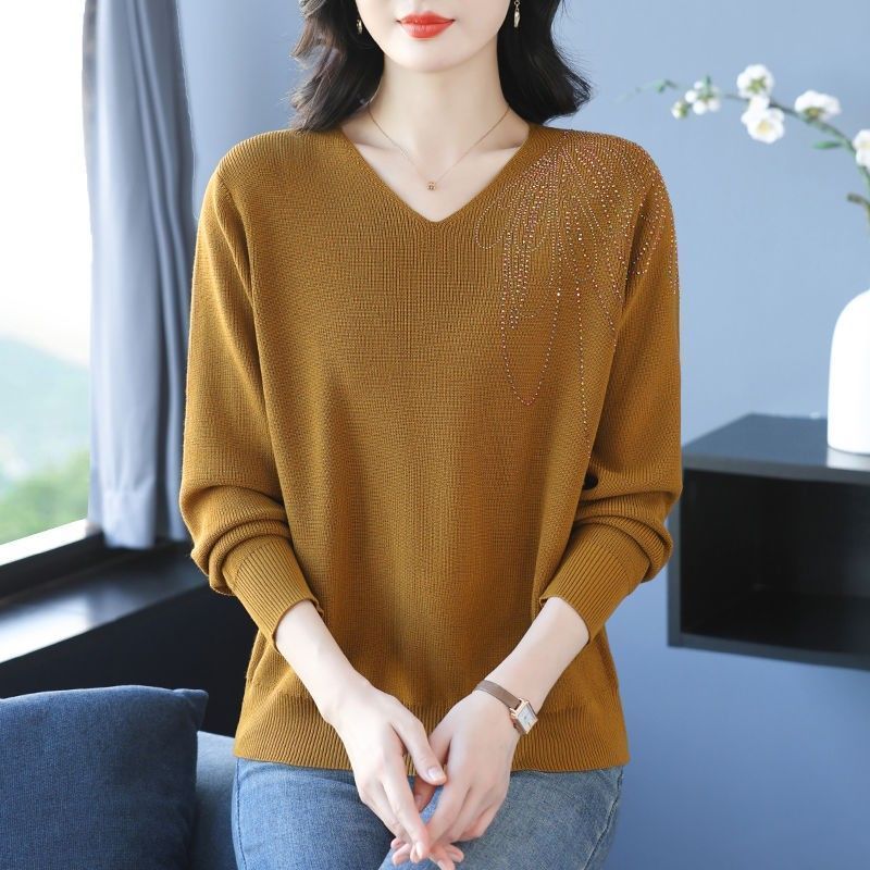 Spring Autumn Women's V-Neck Knitted Sweater Loose Solid Pullover Knitwear Thin Rhinestone Knit Top