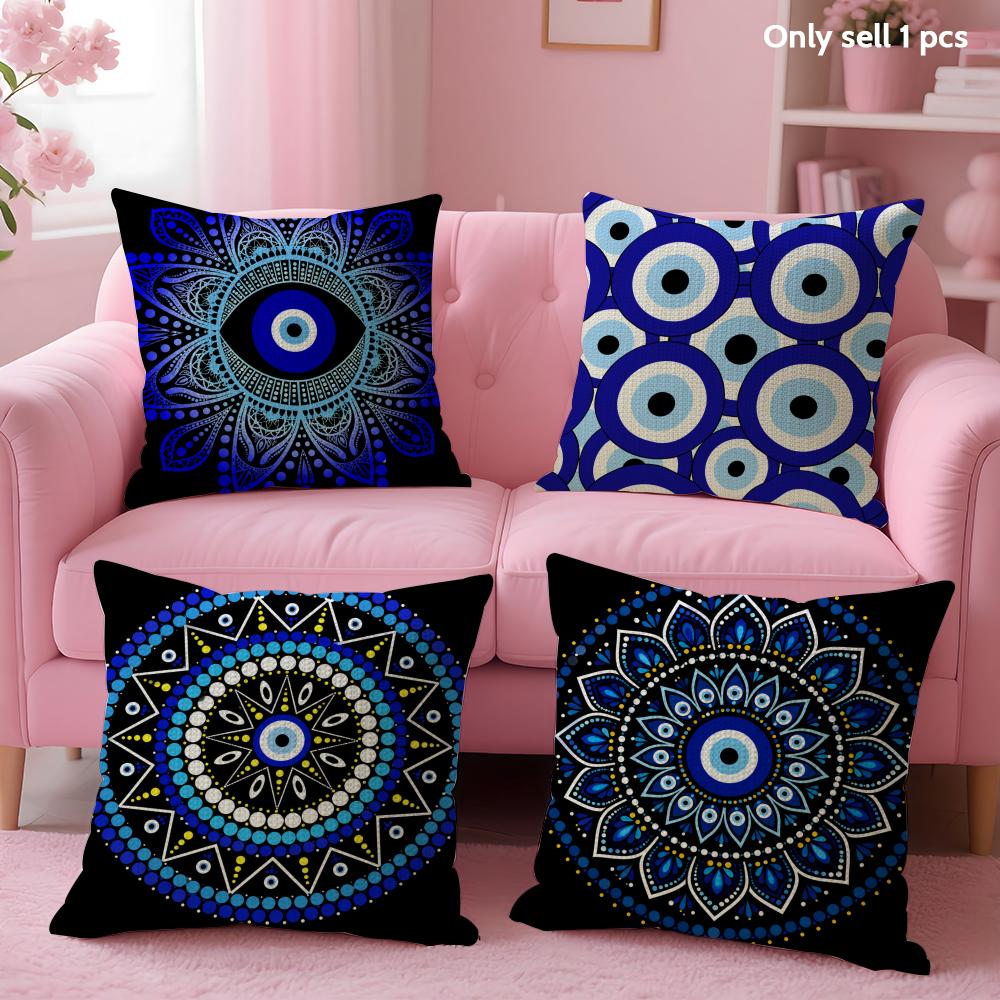 Eye Evil Blue Cushion Cover Natural Linen Organic Fabric DoubleSided Printing Sofa Home Decor Gift Pillow Case