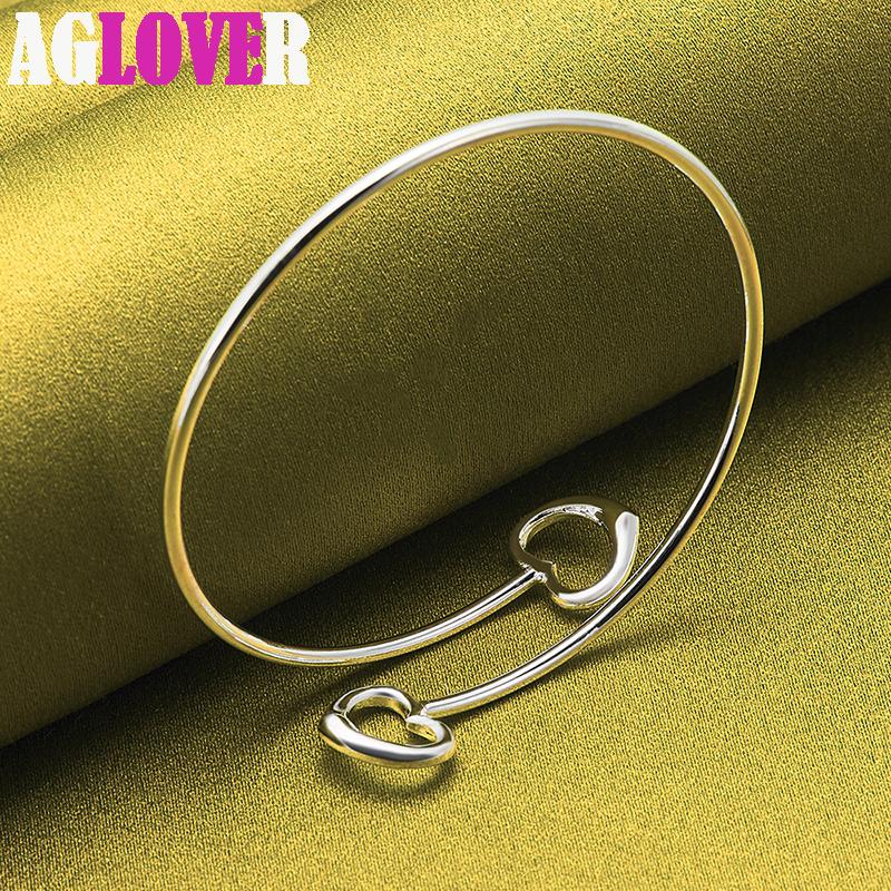 Браслет из стерлингового серебра 925 пробы с двойным сердцем, ювелирные изделия