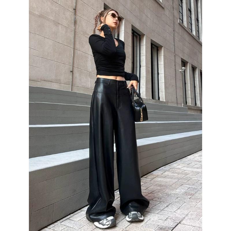 Черные брюки из искусственной кожи с высокой талией, широкие, свободного кроя, повседневные, женская мода, стильные повседневные брюки