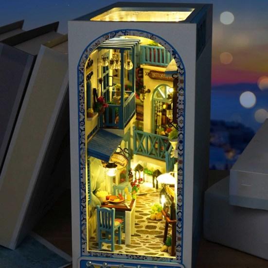 Mini Book House DIY Wooden Book Nook Shelf Insert Miniature Building Kits Good Detail Bookshelf Assembly Bookend Adults Birthday Gifts