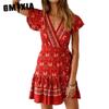 Женская мода лето весна цветочный принт с коротким рукавом V-образным вырезом повседневные платья