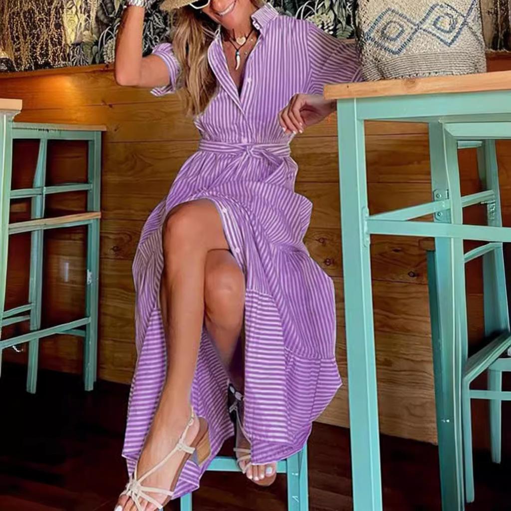 Летние женские платья Модные полосатые свободные платья миди с короткими рукавами