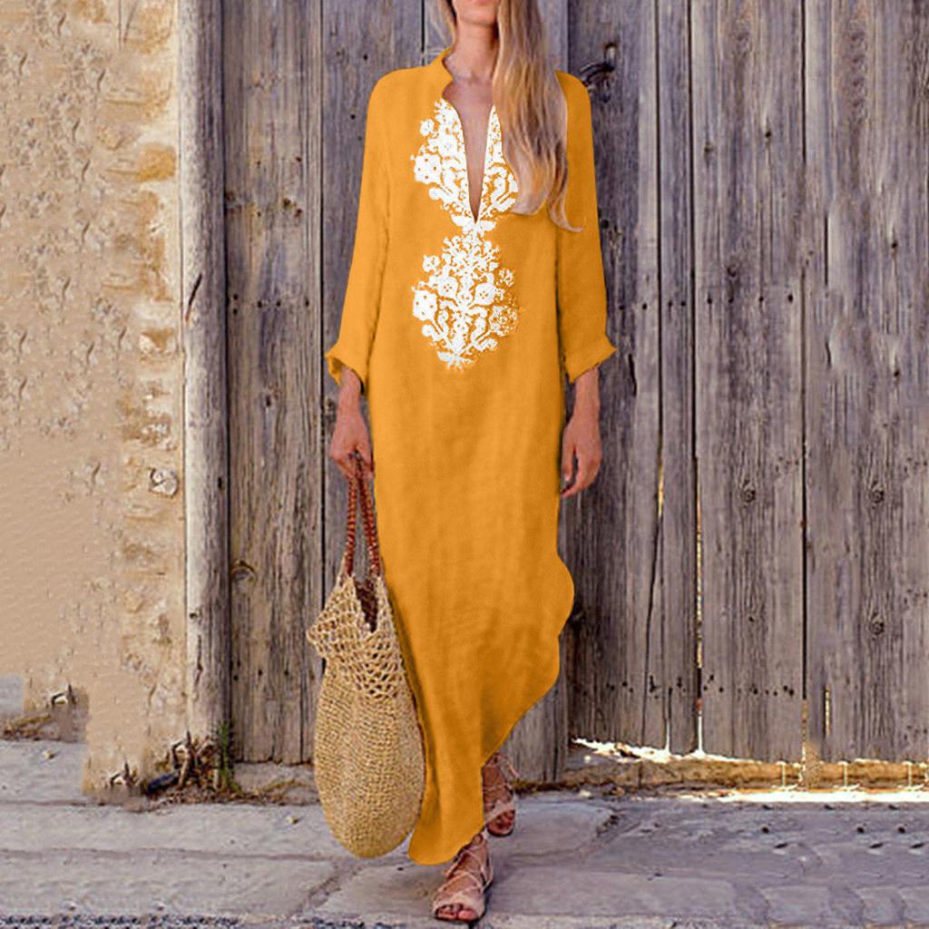 Женское платье с длинными рукавами с v-образным вырезом и принтом, свободное тонкое платье из хлопка и льна