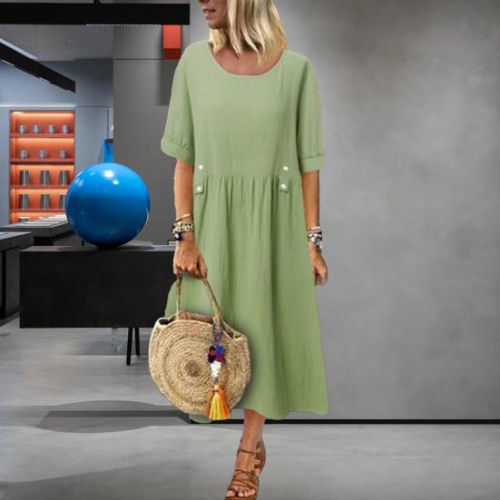 Женское платье свободного покроя средней длины с двойными карманами, украшение на пуговицах, круглый вырез, короткий рукав, летнее платье в стиле бохо, рабочая одежда