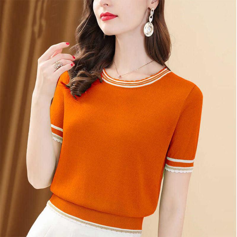 Футболка из ледяного шелка, женская футболка с короткими рукавами и круглым вырезом, яркий шелковый свитер, тонкая рубашка в западном стиле, соответствующая цвету