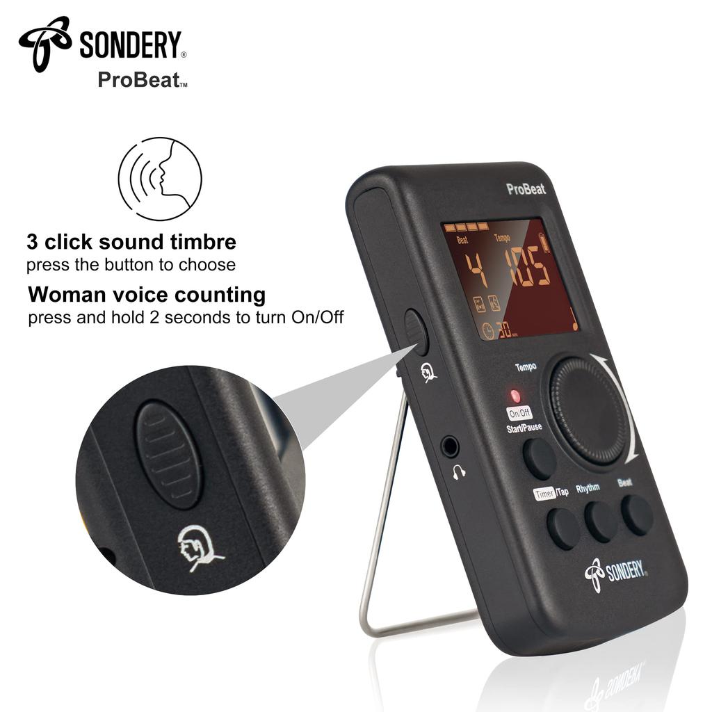 Sondery Electronic Metronome Human Voice Loud Volume Digital Guitar Drum 3 Sounds Rechargeable Lithium