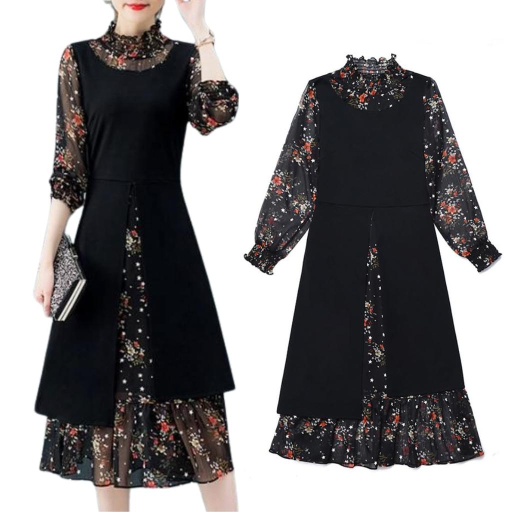 KEIMY Красивое стройнящее шифоновое платье А-силуэта в корейском стиле с цветочным принтом больших размеров миди, Принт, Размер, Офисное/формальное платье, Платье, M-5XL (3XL)