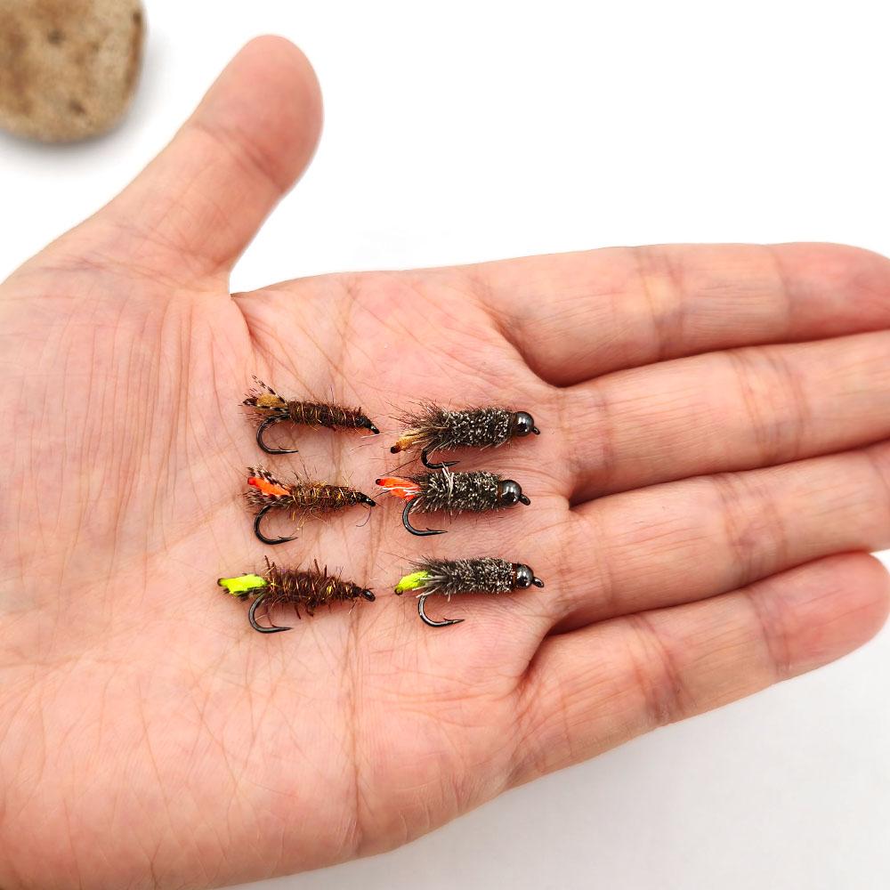 6 шт. #12 Жалобные даббинговые мушки 'Ухо зайца и шерсть оленя' Личинка ручейника Нимфы для ловли форели, окуня, стальноголового лосося с латунной головкой 3,2 мм