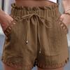 Cotton Linen Shorts Women'S Pants Solid Color Thin Hollow Out Design Trim Pocket Tight Waist Shorts Beachwear White