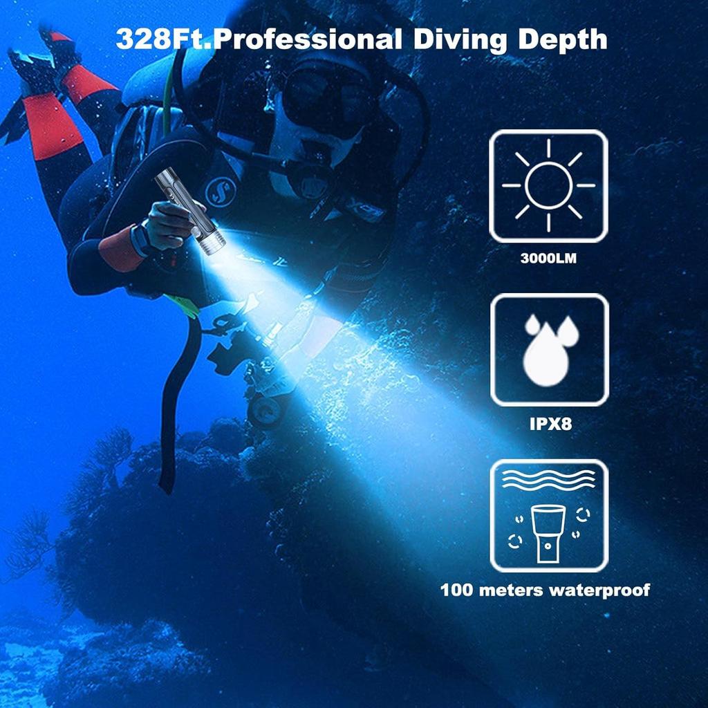 Diving Light LED Flashlight Waterproof 2000 Lumens IPX8 3 Modes Underwater Light Diving Light Handy Light Disaster Prevention Supplies Spearfishing