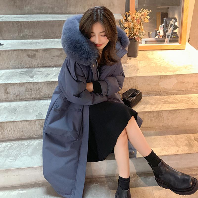 New Parker Dress Large Wool Collar Cotton-padded Jacket Women's Mid-length Thickened Waisted Hooded Thickened Duck Down Jacket