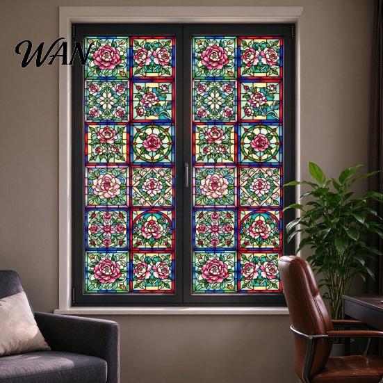 Easy Install Window Film Vintage Stained Glass Sticker, Static Privacy Film, Decorative Customizable Sticker Geometric Pattern for Bathroom Doors and