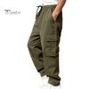 Men Cargo Pants Multi Pockets Drawstring Elastic Waist Solid Color Loose Wide Leg Straight Soft Streetwear Full Length Men Long