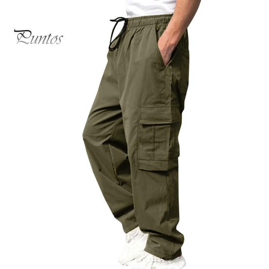 Men Cargo Pants Multi Pockets Drawstring Elastic Waist Solid Color Loose Wide Leg Straight Soft Streetwear Full Length Men Long