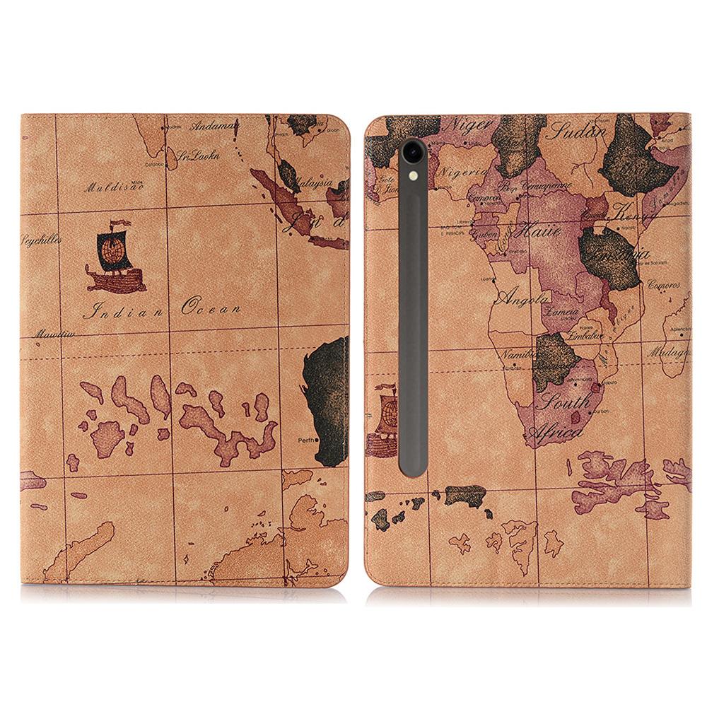 For Samsung Galaxy Tab S9 Wallet Case Map Pattern PU Leather Protective Tablet Cover
