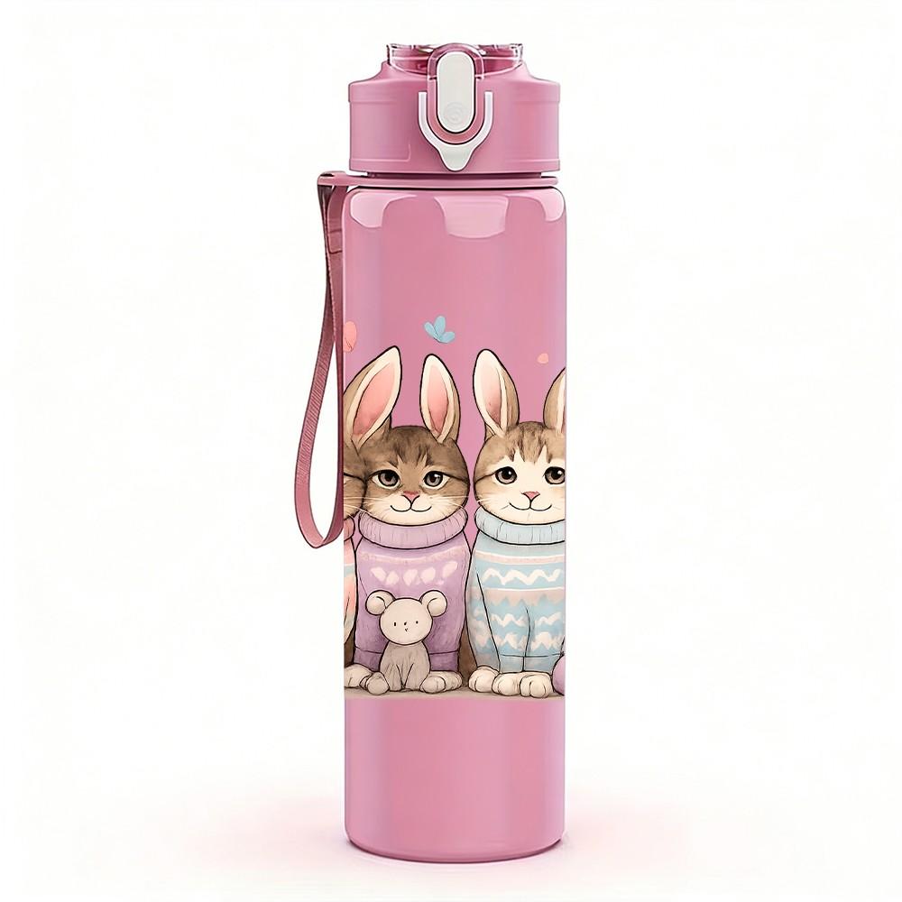 1PC Four Easter Bunnies 750ml Color Plastic Sports Water Bottle Leakproof Flip Straw Lid Suitable for Sports Office Home Use