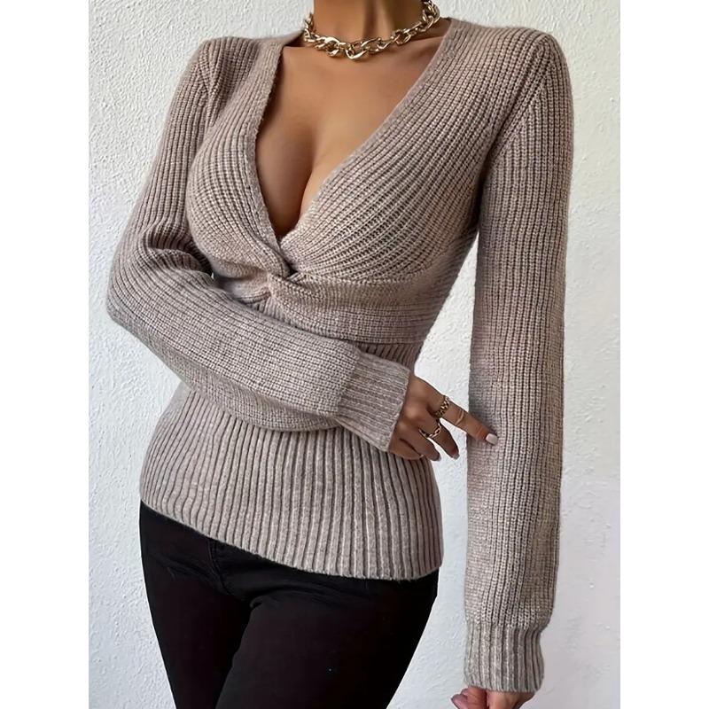 Women S Sexy Deep V Twist Knit Slim Fit Long Sleeve Sweater For Fall Winter