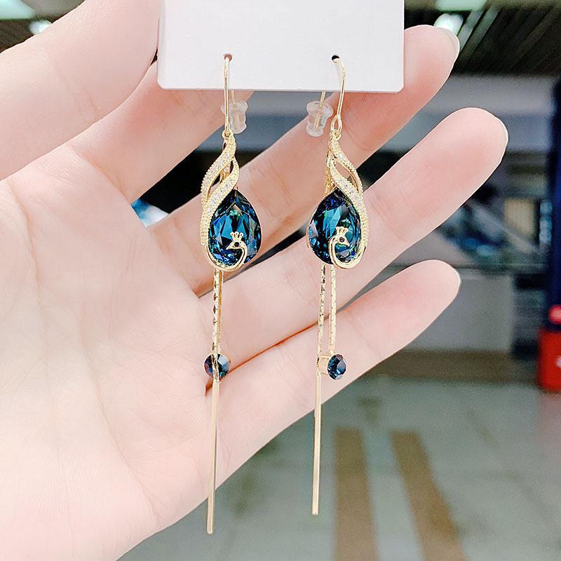 TikTok Live Temperament Peacock Phoenix Earrings - Blue Red Crystal Long Tassel