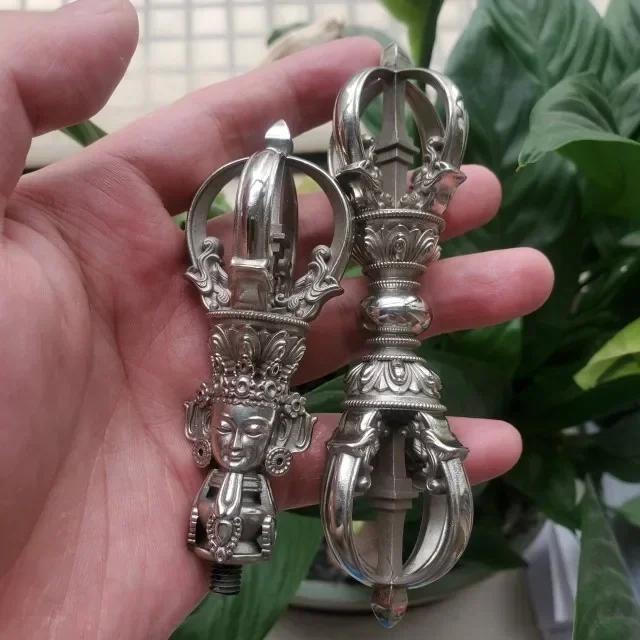 1PCS Craftsmanship Tibetan White Copper Diamond Bell and Pestle Precision Nine Leg Bell Feng Shui Ornament