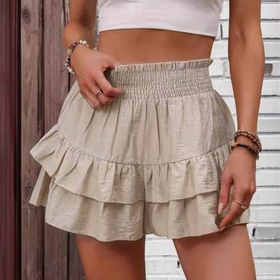 Женские шорты с высокой талией, многослойные оборки, широкие повседневные юбки, шорты, однотонные, для работы, отдыха, пляжа