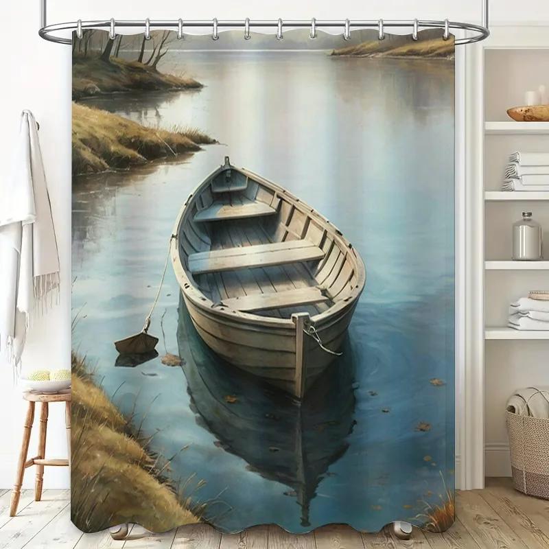 Водостойкая шторка для душа с принтом лодки для ванной комнаты, Декор для дома, Сельская тематика, Сине-бежевая цветовая гамма (78 x 72 дюйма) [S