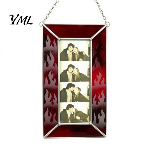 Holiday Commemorative Keepsake Acrylic Photo Frame Light Catcher, Retro Stained Glass Style Hanging Transparent Wall Art Display with Chain,