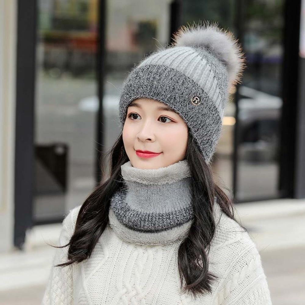 Contrast Color Winter Pullover Cap Plush Ball Beanie Hat Dome Hat Compact Scarf Gifts