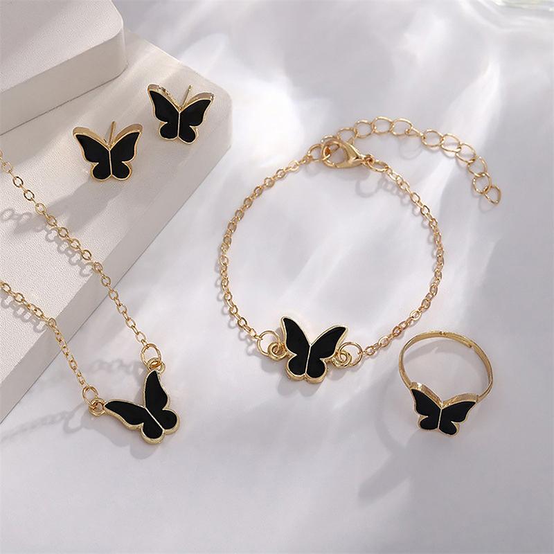 1Set Fashion Exquisite Simple Versatile Butterfly Necklace Bracelet Earrings Ring For Women Girls Wedding Party Jewelry Set Gift