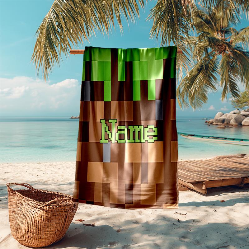 Personalized customized proof beach towel with Game Block Pixel World pattern - soft, absorbent, quick-drying, perfect swimming, camping&bathing