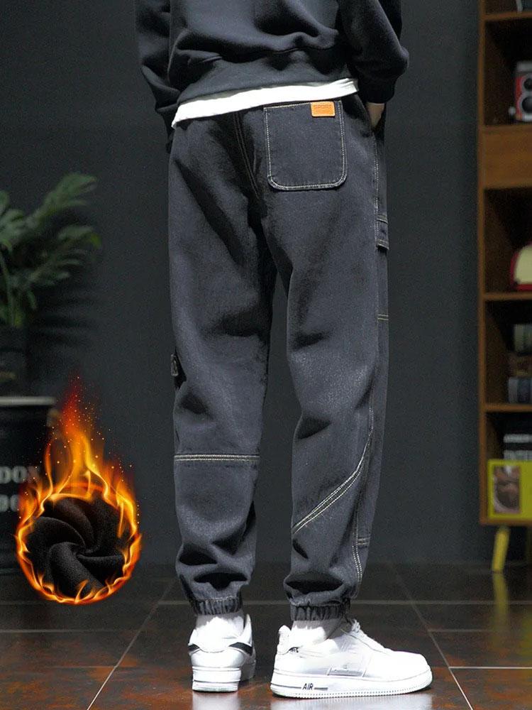 Зимние толстые флисовые теплые свободные шаровары джинсы мужские с высокой талией повседневные уличные мужские синие джинсовые брюки больших размеров