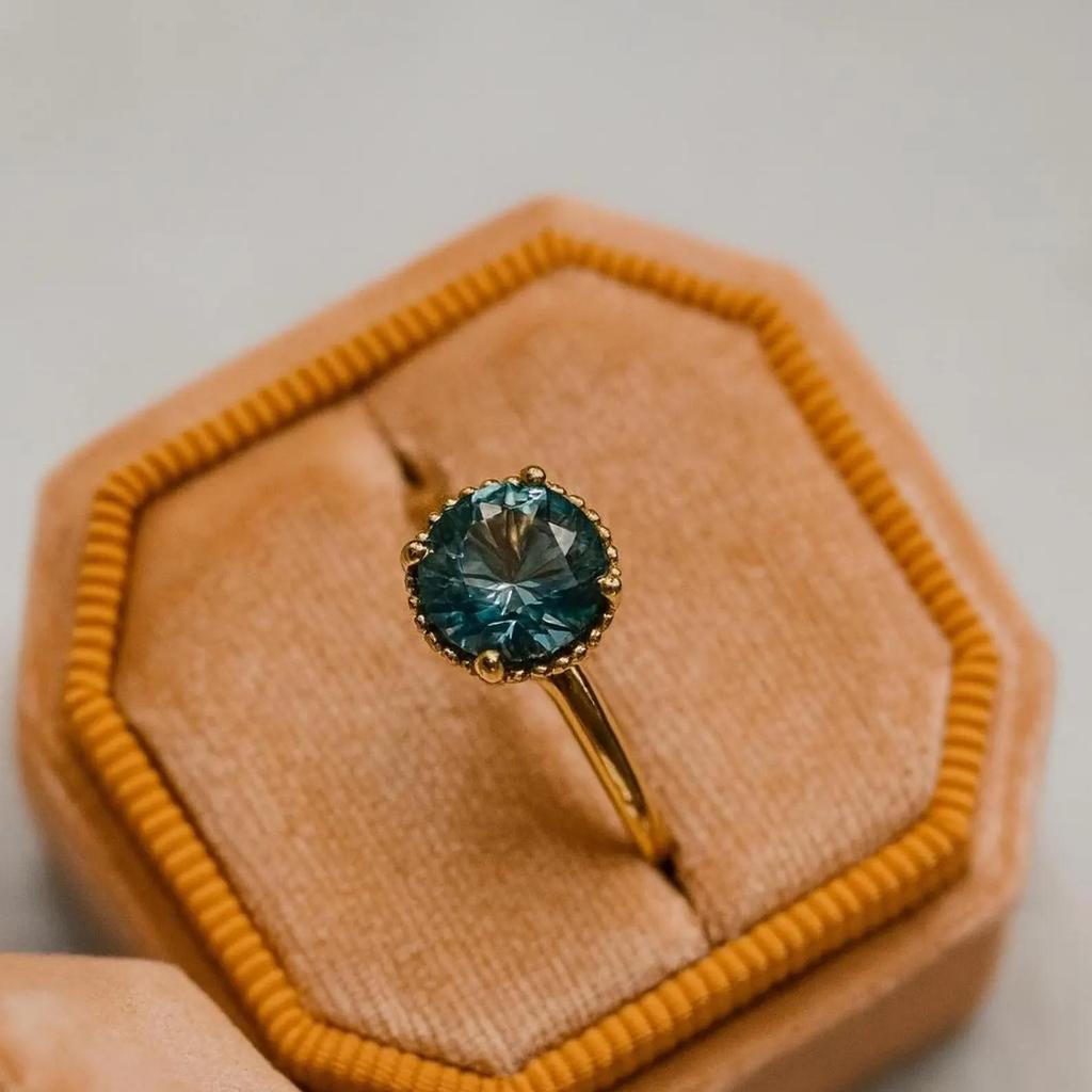 Teal Blue Sapphire Ring: Yellow Gold Plated Minimalist 925 Sterling Silver Band: Art Deco Solitaire Bridal Wedding Jewelry Gift