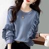 Осенний повседневный свободный дизайн сращивание шифон оборка края дымка синий длинный рукав круглый вырез толстовка для женщин