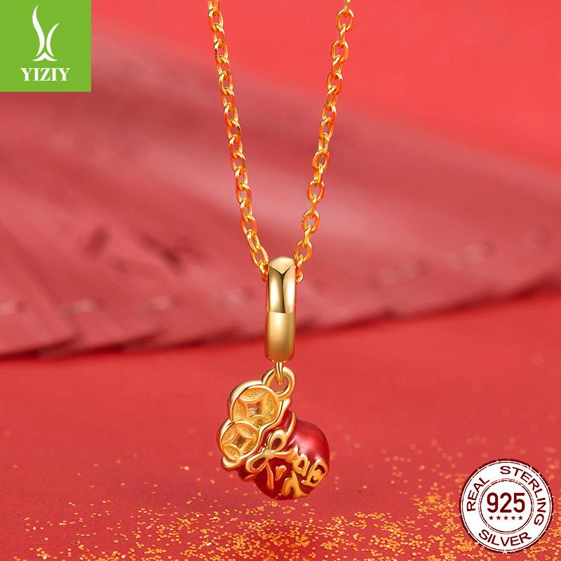 Lucky Bag Small Pendant Diy Bracelet Necklace Beaded Accessories 925 Silver Plated Beads New Year'S Red Gift