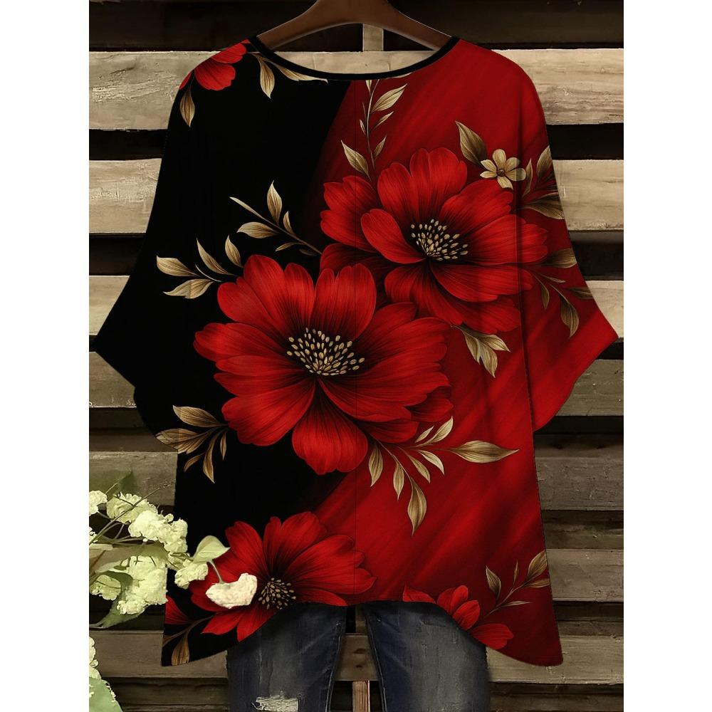 Red flower women's large size short-sleeved T-shirt, irregular hem design, digital printing four seasons T-shirt