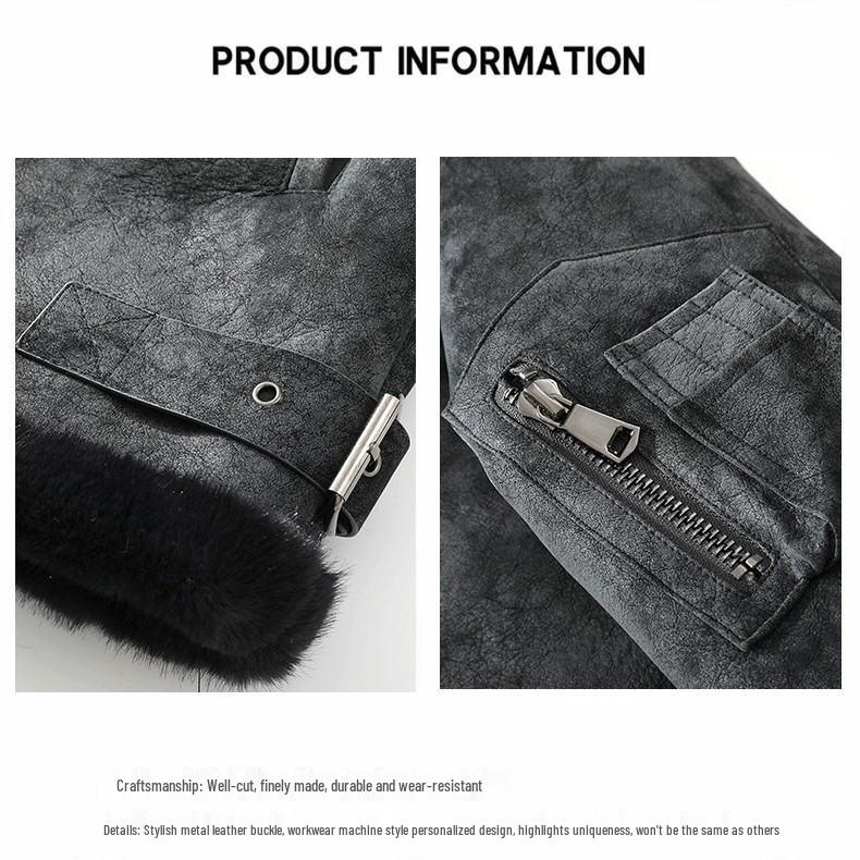 JK2035 Мужская куртка большого размера из кожи и меха с лацканами - Утепленная бархатная для осени/зимы